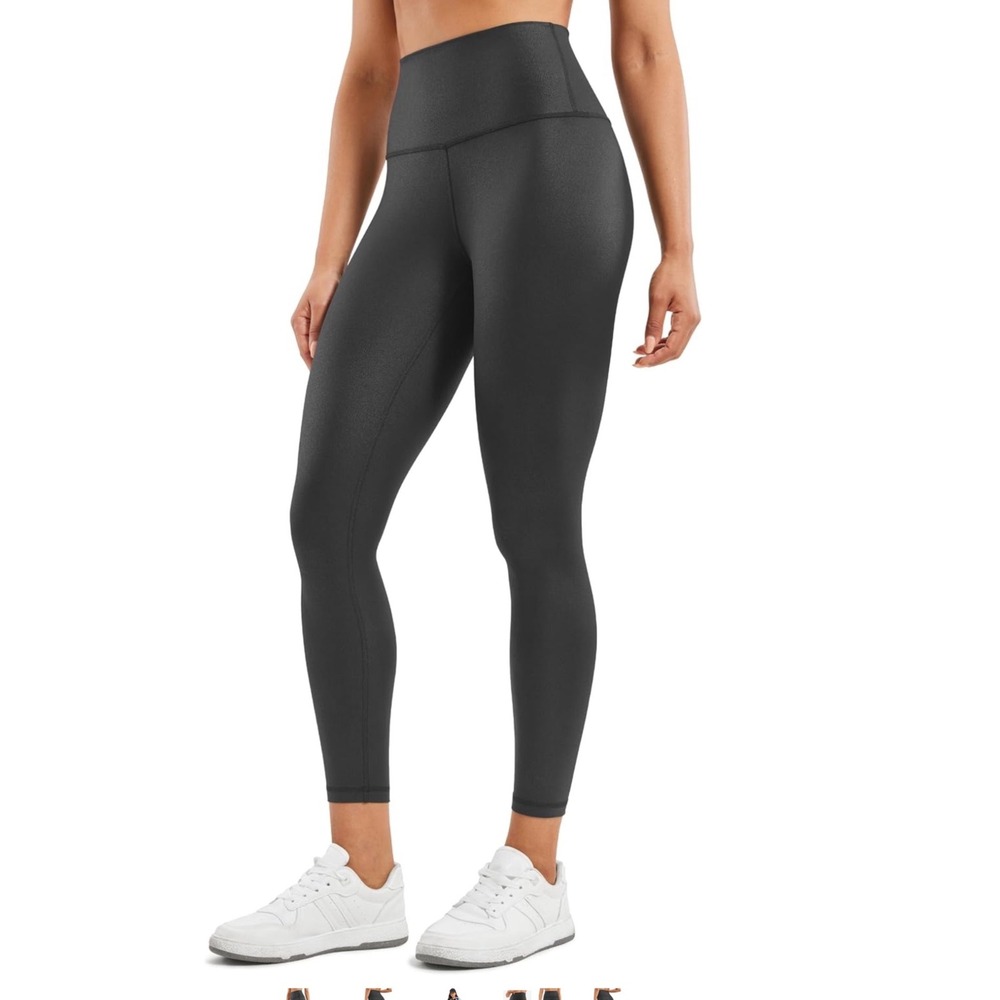 New CRZ YOGA Sports Leggings Women L Black Faux Leather Foil Tummy Control Metal